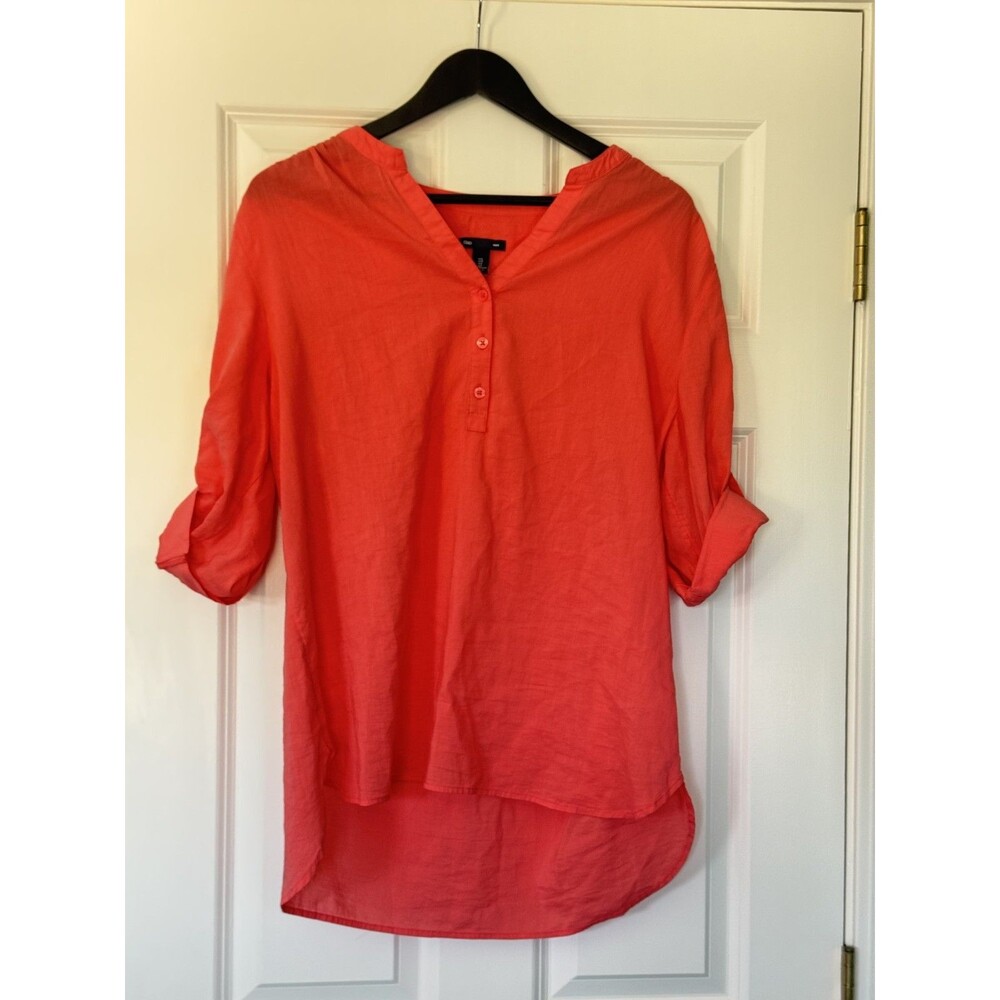 GAP Red Print All Linen L/S Tunic Shirt Size L V-Neck Collar